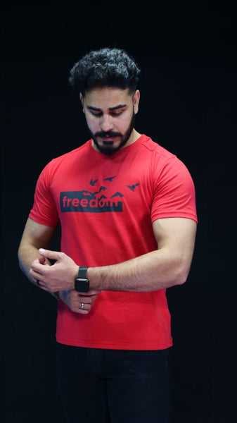 Crimson Liberty: Red Tee with Bold Black Freedom Print (LTS-53)