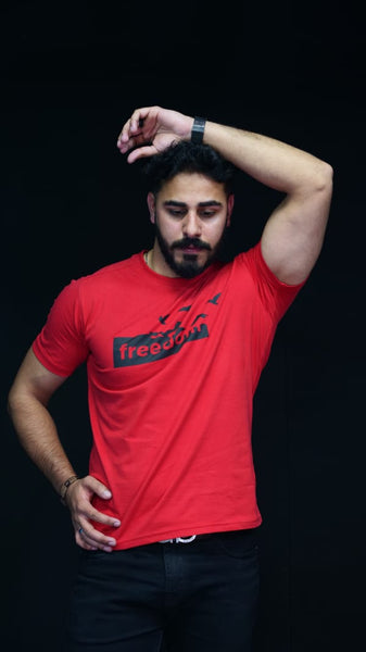 Crimson Liberty: Red Tee with Bold Black Freedom Print (LTS-53)