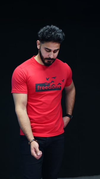 Crimson Liberty: Red Tee with Bold Black Freedom Print (LTS-53)